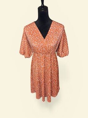 Floral Rust V-Neck Mini Dress with Elastic Waist